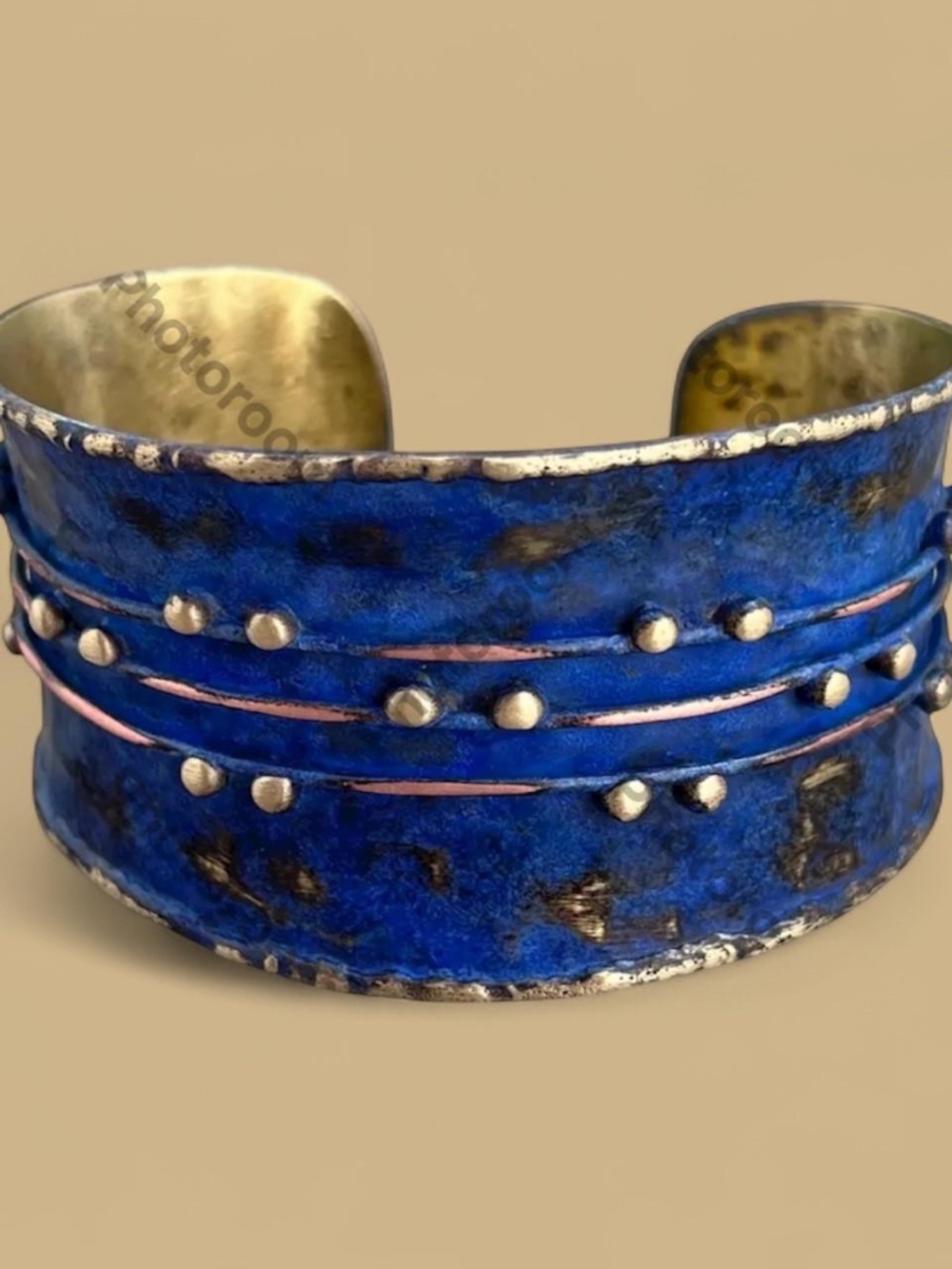 Blue Patina Brass Cuff Bracelet, Handcrafted Wide Statement Cuff, Boho Artisan J